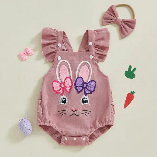 【3M-24M】2-piece Baby Girl Cute Bow Bunny Embroidered Pink Corduroy Carrier Romper With Bow Hair Tie Easter Outfit - Popopie.com 