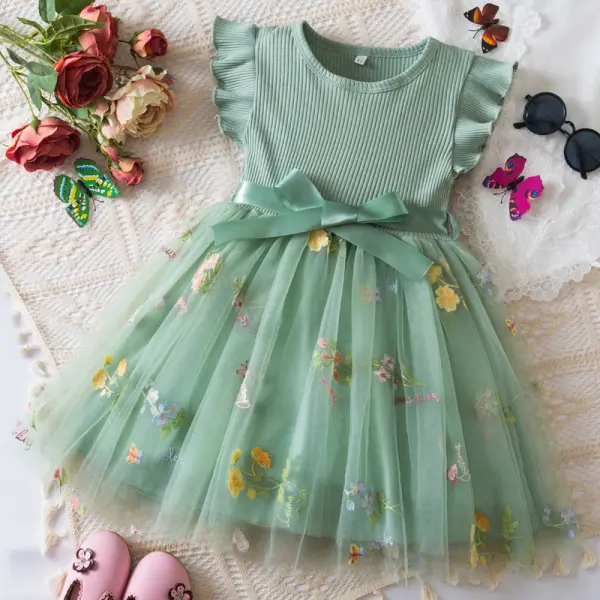 【12M-5Y】Girls Sweet Splicing Floral Embroidery Mesh Ruffle Dress - Popopieshop.com 