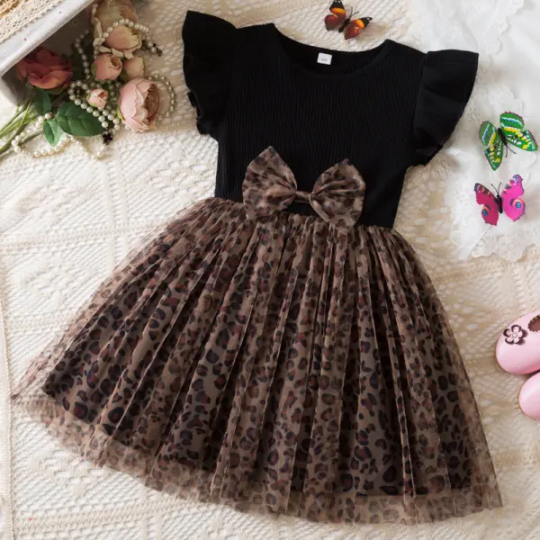 【2Y-7Y】Girls Sweet Bowknot Leopard Print Mesh Puffy Dress - Popopieshop.com 