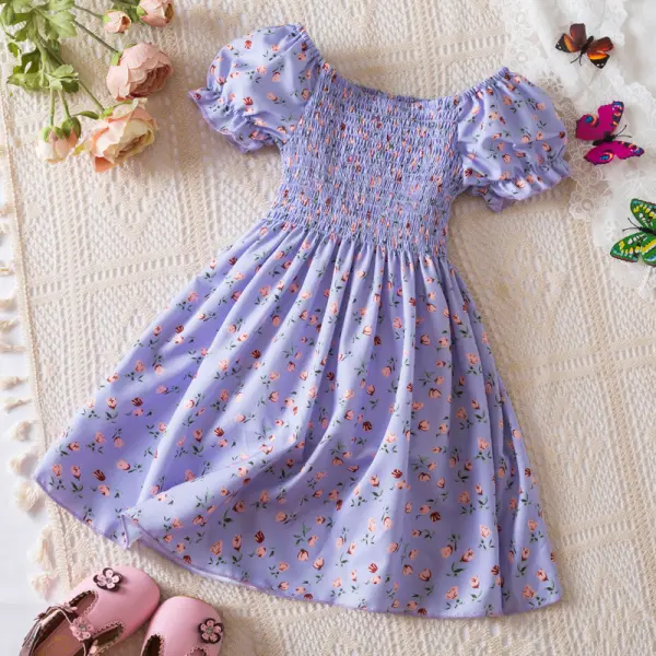【18M-6Y】Girls Sweet Floral Chiffon Pleated Puff Sleeve Dress - Popopieshop.com 