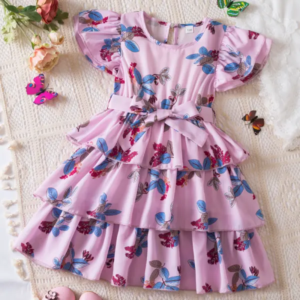【2Y-7Y】Girls Sweet Chiffon Floral Ruffle Cake Dress - Popopieshop.com 