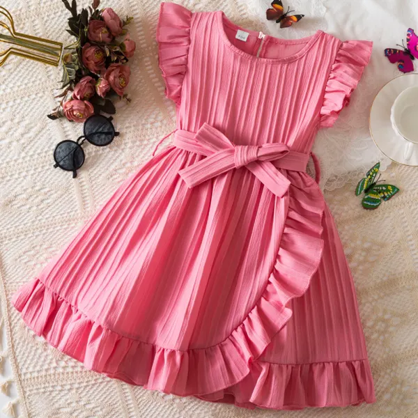 【2Y-7Y】Girls Sweet Ruffle Pleated Sleeveless Dress With Belt - Popopieshop.com 