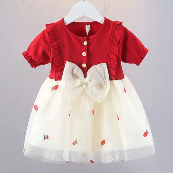 【18M-5Y】Girls Red Pineapple Embroidered Mesh Short Sleeve Dress - Popopieshop.com 