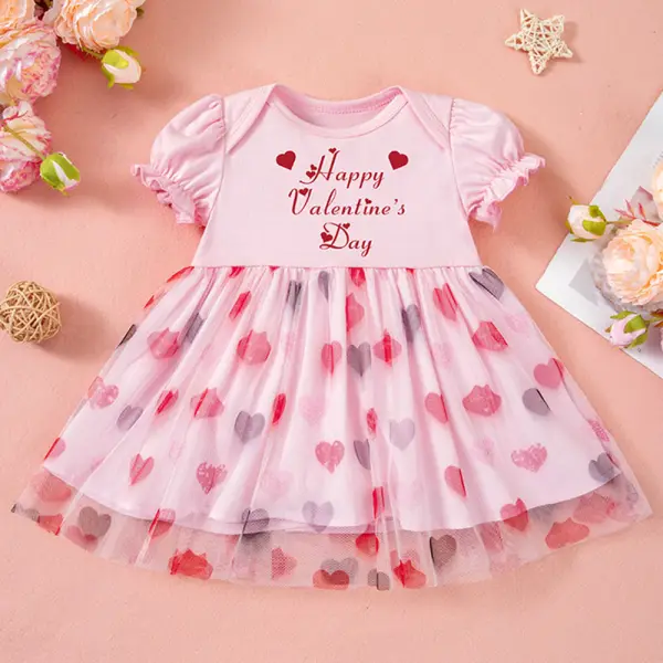 【0M-18M】Baby Girl Pink Valentine's Day Print Heart Mesh Short Sleeve Dress - Popopieshop.com 
