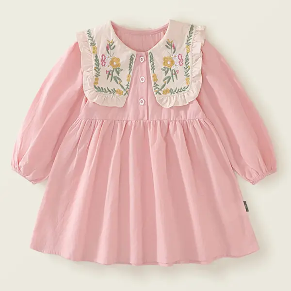 【18M-8Y】Girls Floral Embroidery Lapel Long Sleeve Dress - Popopieshop.com 