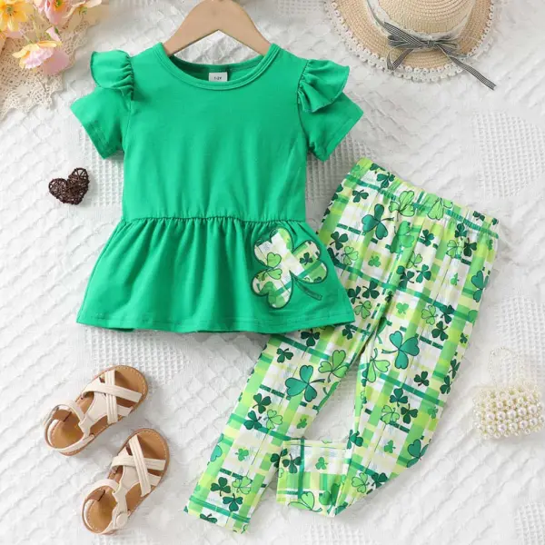 【1Y-8Y】2-piece Girls Green St. Patrick Embroidered Short Sleeve T-shirt And Pants Set Only $20.99 - Popopieshop.com 