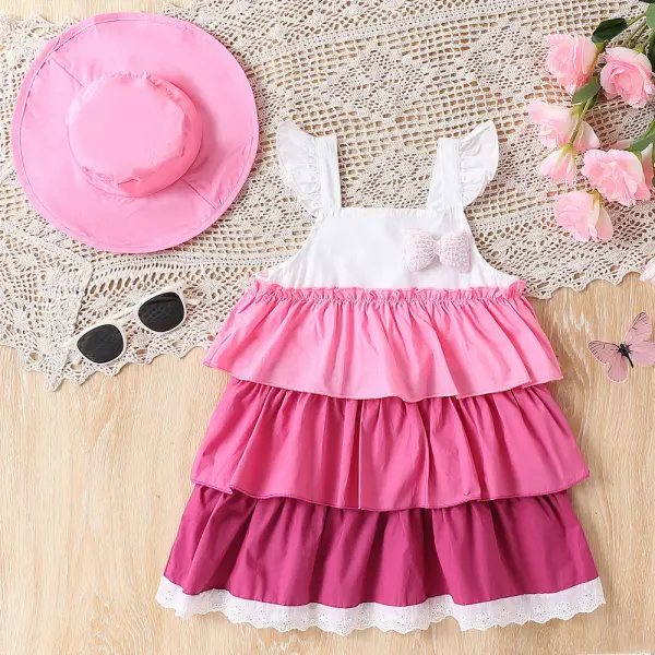 【18M-6Y】2-piece Girls Rose Gradient Ruffle Dress With Hat - Popopieshop.com 