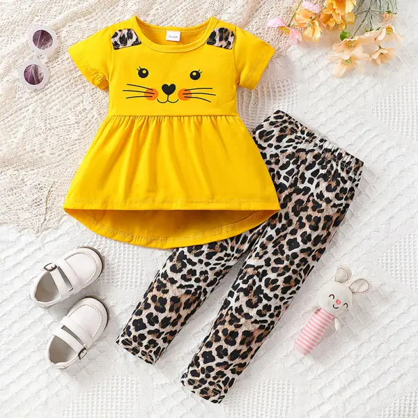 【18M-6Y】2-piece Girls Cat Print Short Sleeve T-shirt And Leopard Print Leggings Set - Popopieshop.com 
