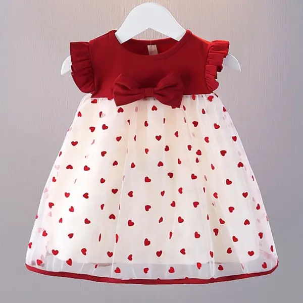 【18M-5Y】Girls Red Heart Print Bow Mesh Dress - Popopieshop.com 
