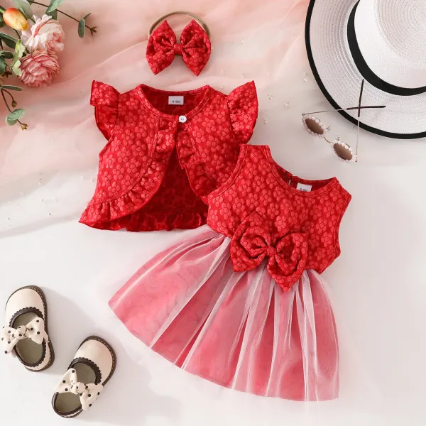 【6M-3Y】3-piece Baby Girl Cute Floral Jacquard Cardigan And Dress Set With Bow Hairband - Popopieshop.com 