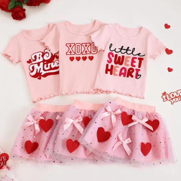 【6M-4Y】2-piece Girls Cute Lover Letter Embroidered Pink T-shirt And Heart Shape Embroidered Skirt Set - Popopieshop.com 