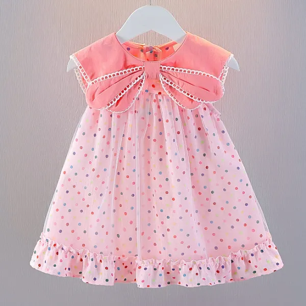 【18M-6Y】Girls Sweet Fashion Bow Flap Neck And Colorful Polka Dot Print Sleeveless Pink Dress - Popopieshop.com 