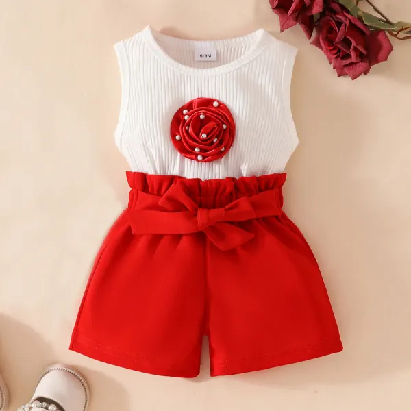 【6M-3Y】2-piece Baby Girl Cute Valentine's Day Red Rose Tank Top And Shorts Set - Popopieshop.com 