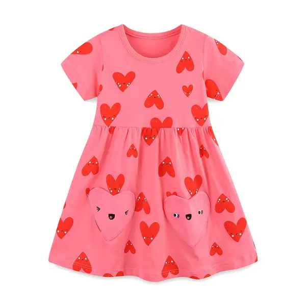 【18M-7Y】Girls Cute Cotton Heart Print Short Dress - Popopieshop.com 