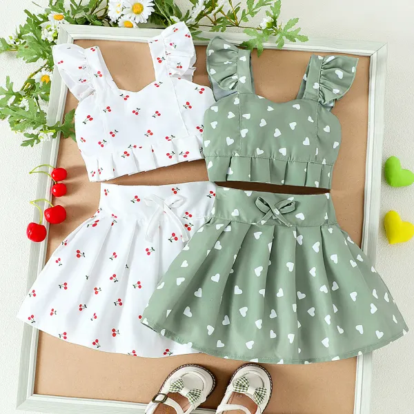 【6M-4Y】2-piece Girls Cute Heart Cherry Print Ruffled Sleeveless Top And Pleated Skirt Set - Popopieshop.com 