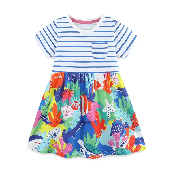 【18M-7Y】Girls Sweet Cotton Striped Sea World Print Short Sleeve Dress - Popopieshop.com 