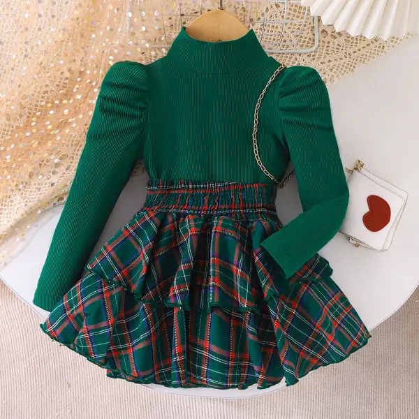 【2Y-7Y】2-piece Girls Sweet Green Puff Sleeve High Neck Top And Plaid Ruffle Cake Skirt Set - Popopieshop.com 