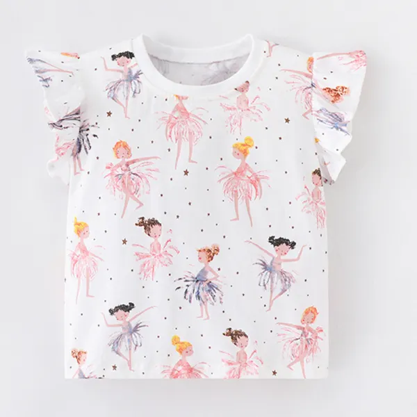 【2Y-10Y】Girls Cute Cotton Ballerina Girl Print Ruffle Tee - Popopieshop.com 