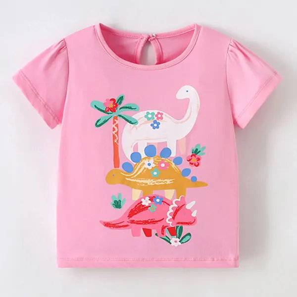 【2Y-10Y】Girls Cute Cotton Dinosaur Print Short Sleeve T-shirt - Popopieshop.com 