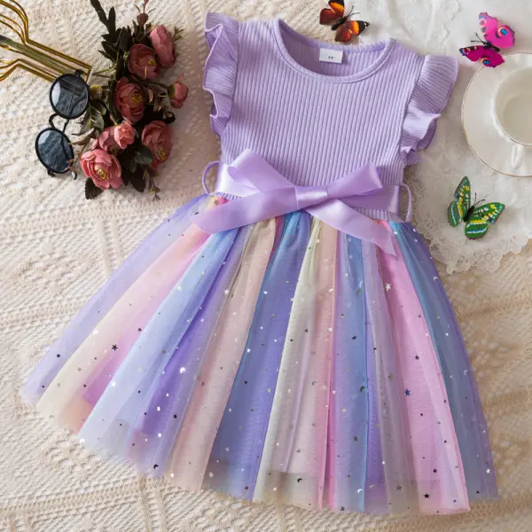 【18M-6Y】Girls Sweet Ruffle Stitching Rainbow Mesh Sleeveless Dress - Popopieshop.com 