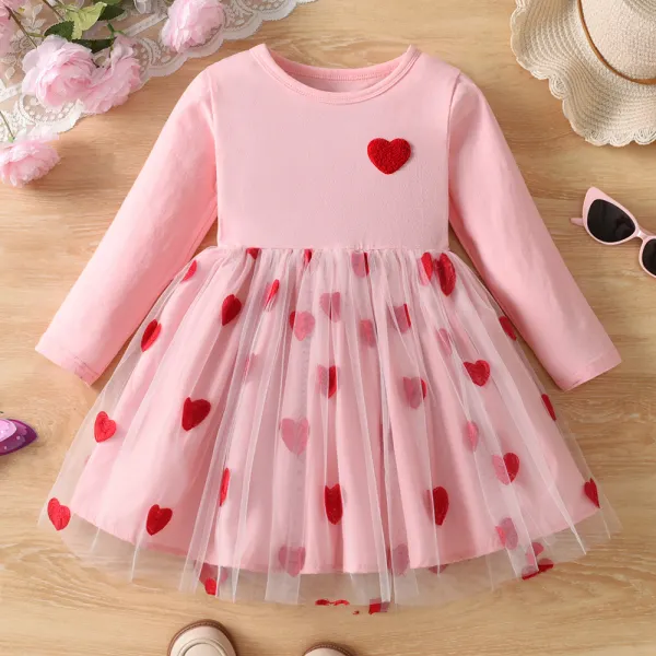 【3Y-8Y】Girls Sweet Heart Embroidered Mesh Long Sleeve Dress - Thepopopie.com 