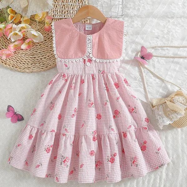 【18M-6Y】Girls Sweet Floral Printed Doll Collar Sleeveless Dress - Thepopopie.com 