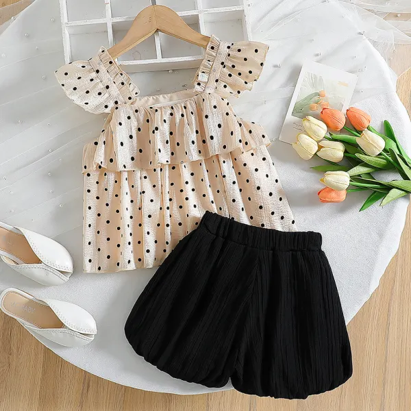 【18M-6Y】2-piece Girls Sweet Polka Dot Chiffon Ruffle Sleeveless Top And Bloomers Set - Popopieshop.com 