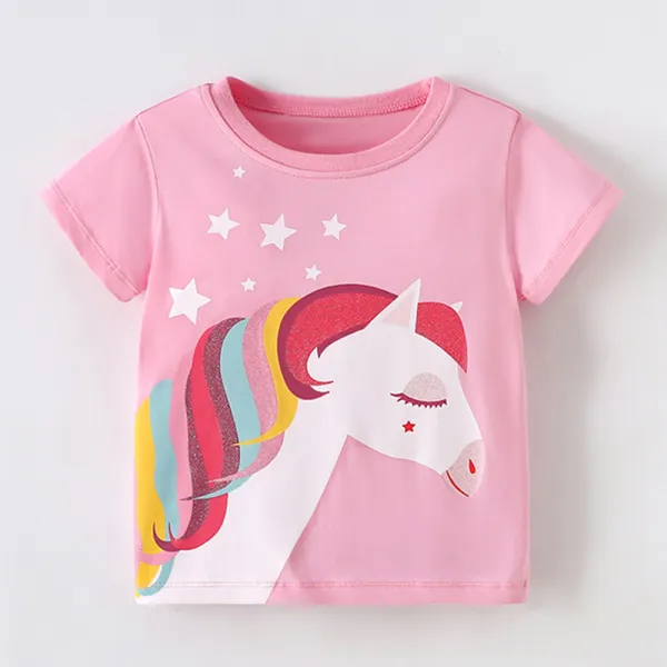 【18M-8Y】Girls Cute Cotton Unicorn Print Short Sleeve T-shirt - Popopieshop.com 