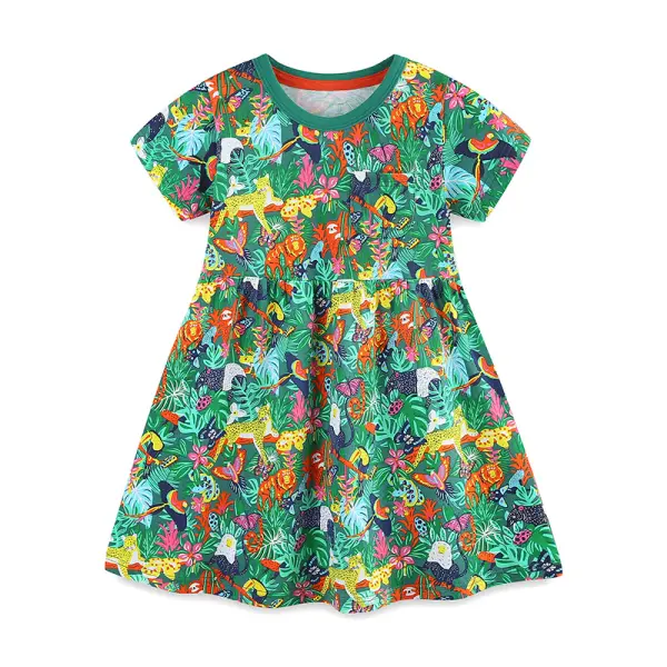 【18M-7Y】Girls Cute Cotton Rainforest Animal Print Short Sleeve Dress - Popopieshop.com 