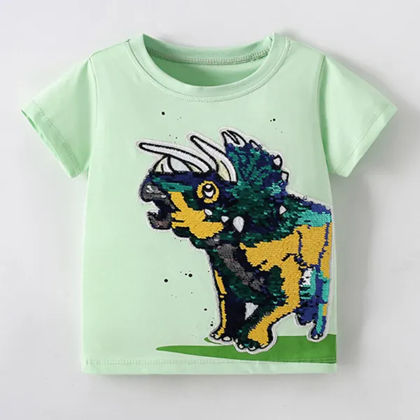 【2Y-10Y】Boys Casual Cotton Dinosaur Sequin Embroidered Short Sleeve T-shirt - Popopieshop.com 
