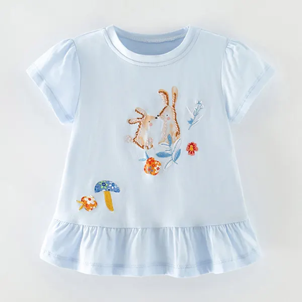 【2Y-10Y】Girls Cute Cotton Rabbit Embroidery Ruffle Short Sleeve T-shirt - Popopieshop.com 