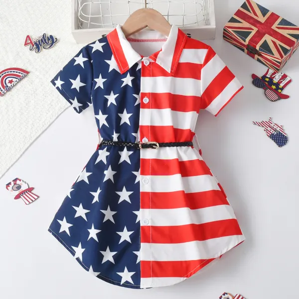 【3Y-8Y】2-piece Girls Sweet Independence Day Stars And Stripes Print Short Sleeve Shirt Dress With Belt - Popopieshop.com 