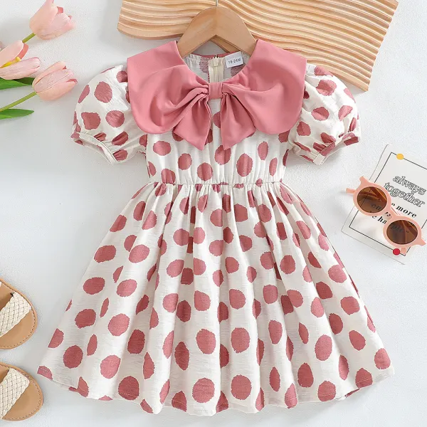 【18M-6Y】Girls Sweet Pink Polka Dot Print Bowknot Doll Collar Short Sleeve Dress - Popopieshop.com 
