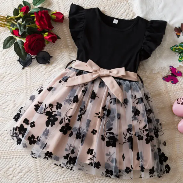 【2Y-7Y】Girls Sweet Black Splicing Rose Printed Mesh Ruffle Dress - Popopieshop.com 