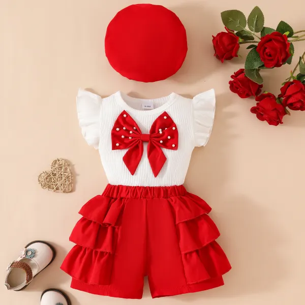 【6M-3Y】3-piece Baby Girl Cute Pearl Bow Design White T-shirt And Pink Shorts Set With Hat - Popopieshop.com 