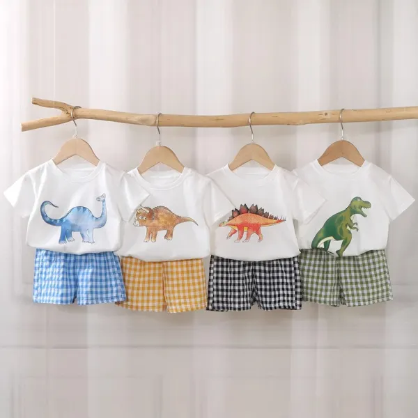 【12M-6Y】2-piece Boys Cute Dinosaur Print Short Sleeve T-shirt And Plaid Shorts Set - Popopie.com 