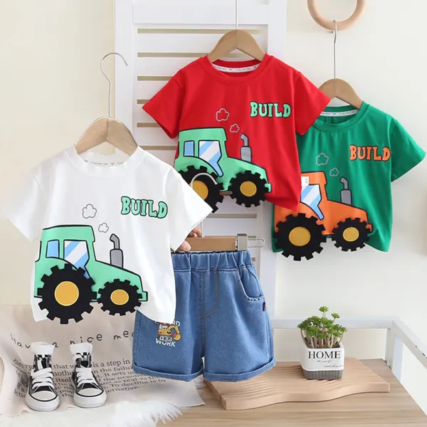 【12M-5Y】2-piece Boys Cotton Bulldozer Print Short Sleeve T-shirt And Denim Shorts Set - Popopieshop.com 