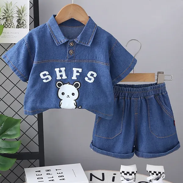 【12M-5Y】2-piece Boys Casual Cartoon Print Denim Lapel POLO And Shorts Set - Popopieshop.com 