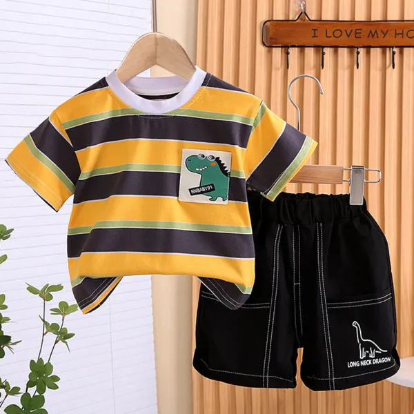 【12M-5Y】2-piece Boys Striped Dinosaur Print Short Sleeve T-shirt And Shorts Set - Popopieshop.com 