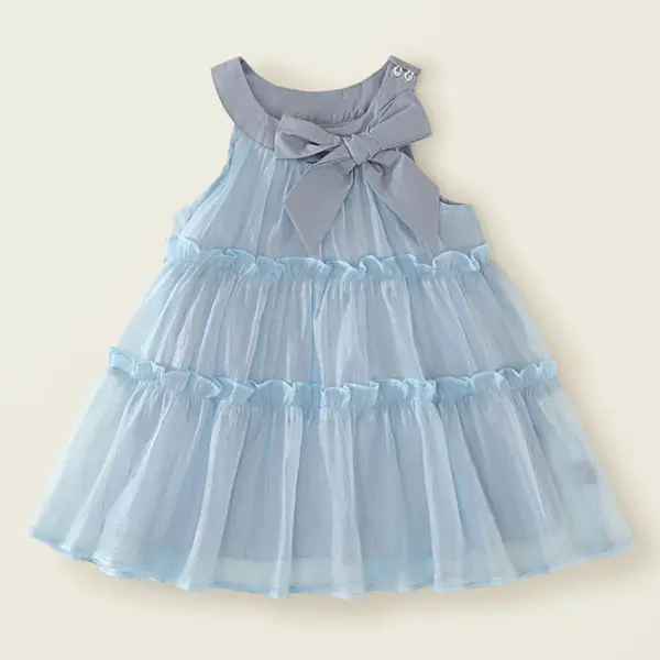 【18M-8Y】Girls Blue Bow Ruffle Sleeveless Dress - Popopieshop.com 