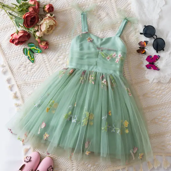 【9M-5Y】Girls Mesh Embroidered Sling Dress - Popopieshop.com 