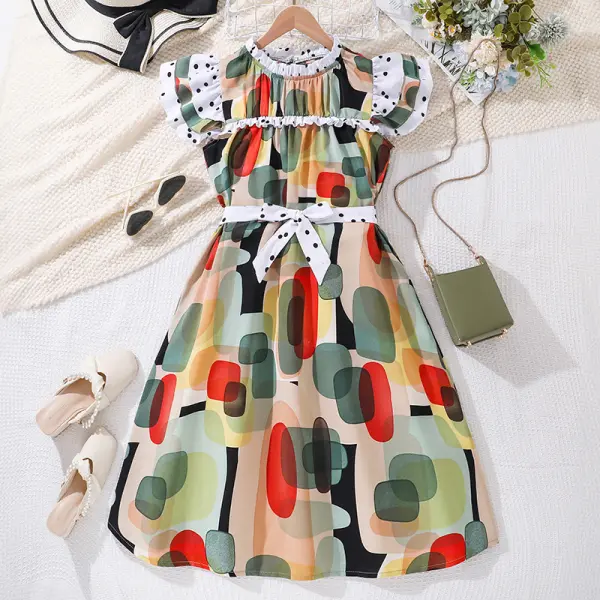 【7Y-12Y】Girls Fashion Colorful Geometric Print Ruffle Sleeve Dress - Popopieshop.com 