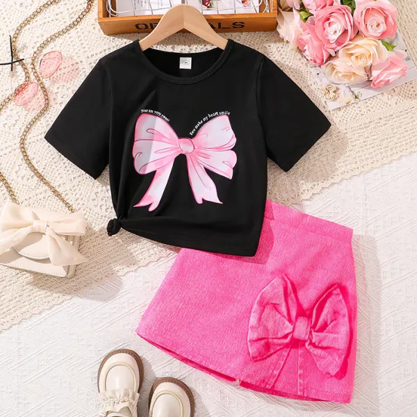 【7Y-12Y】2-piece Girls Sweet And Stylish Bow Print Black T-shirt And Pink Shorts Set - Popopieshop.com 