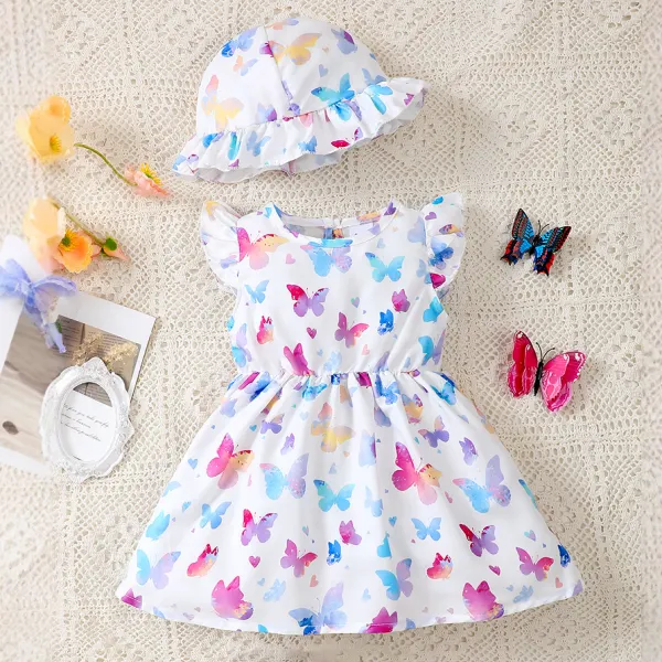 【6M-3Y】2-piece Baby Girl Cute Multi Color Butterfly Print White Dress And Hat Set - Popopieshop.com 