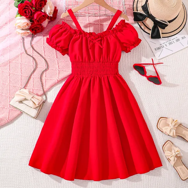 【7Y-12Y】Girls Fashionable Sweetheart Red Sling Off The Shoulder Dress - Popopieshop.com 