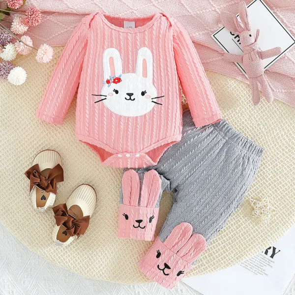 【0M-18M】2-piece Baby Girl Cute Bunny Embroidered Pink Romper And Gray Pants Set Easter Outfit - Popopieshop.com 