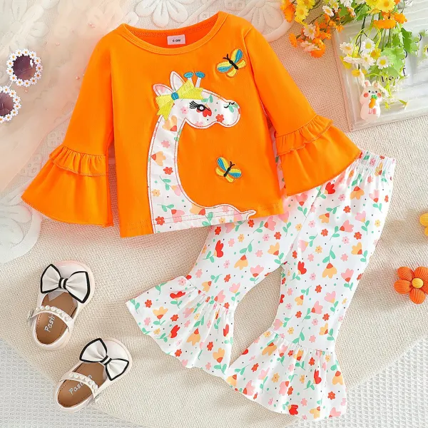 【6M-3Y】2-piece Baby Girls Cute Giraffe And Butterfly Embroidered Orange T-shirt And Pants Set - Thepopopie.com 