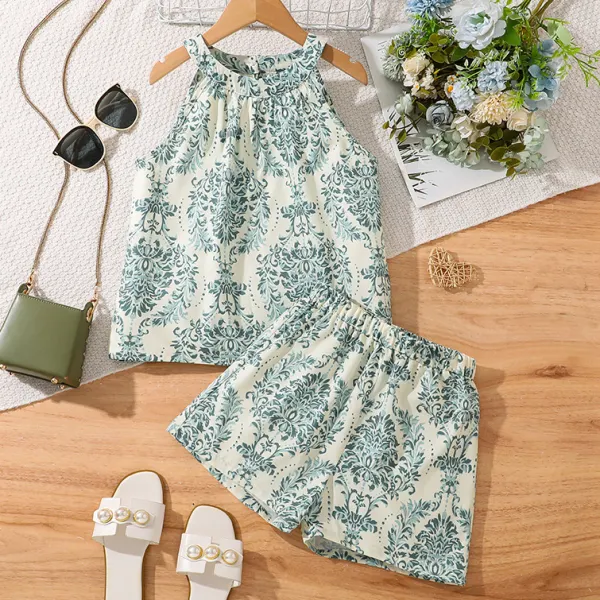 【7Y-12Y】2-piece Girls Stylish Vintage Pattern Print Hanging Neck Top And Shorts Set - Popopieshop.com 