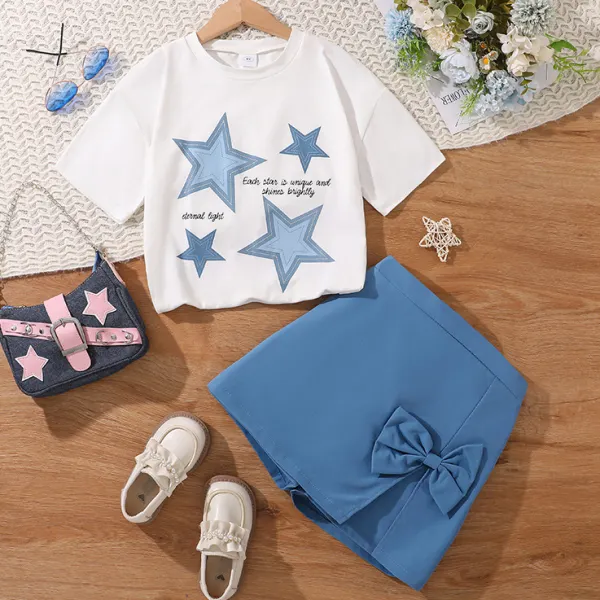 【7Y-12Y】2-piece Girls Sweet And Stylish Star Print White T-shirt And Blue Shorts Set - Popopieshop.com 