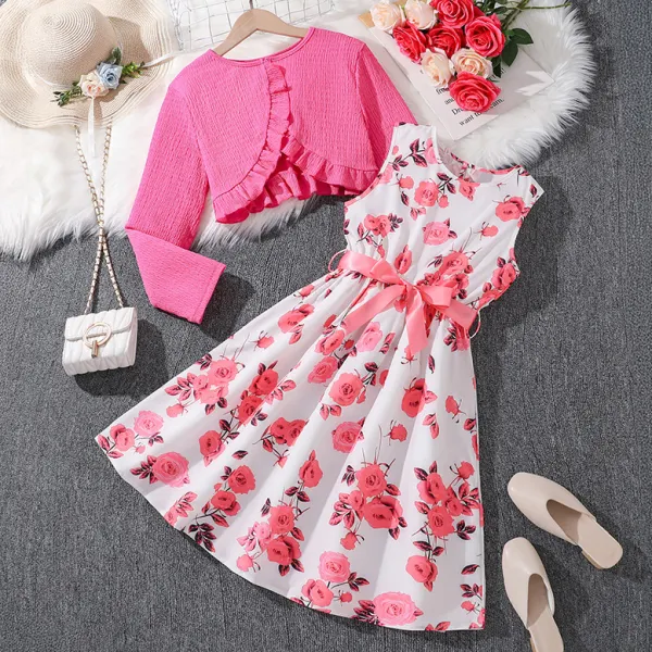 【7Y-12Y】2-piece Girls Fashion Floral Print Sleeveless Dress And Pink Cardigan Set - Popopieshop.com 